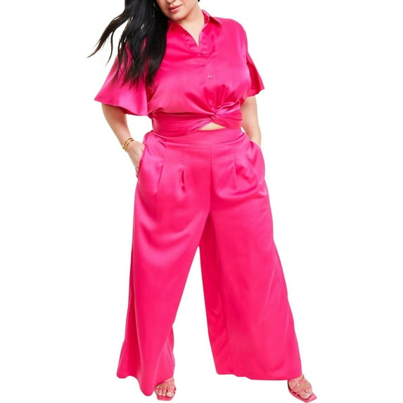 Nina Parker Womens Solid Hi Rise Casual Wide Leg Pants, Pink, Plus Size, 2X
