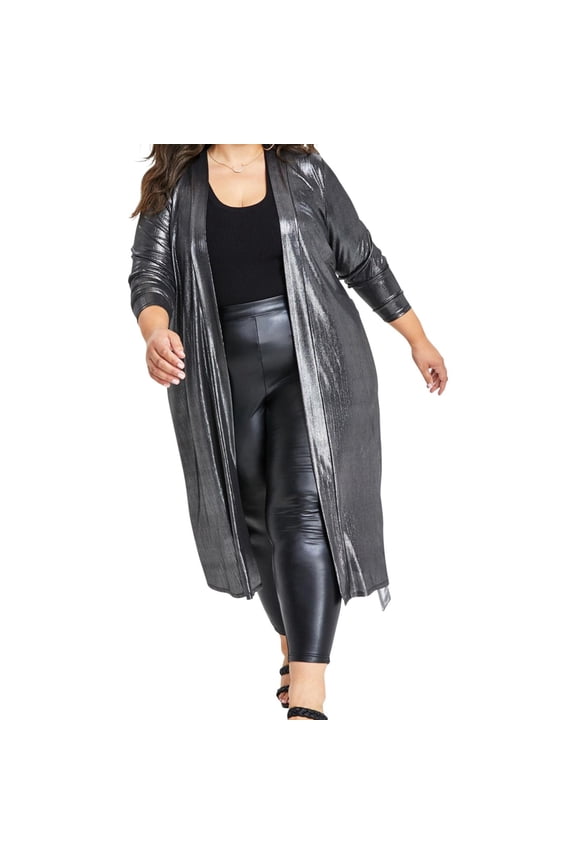 Womens Metallic Long Belted Duster Cardigan Sweater, Metallic, Plus Size, 1X