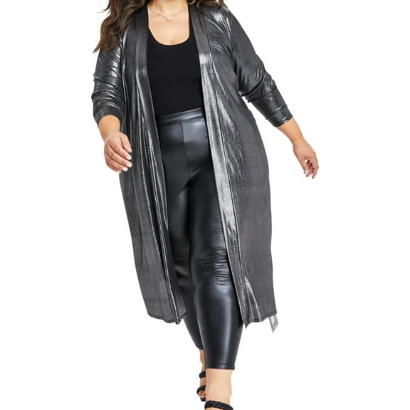 Nina Parker Womens Metallic Long Belted Duster Cardigan Sweater, Metallic, Plus Size, 0X