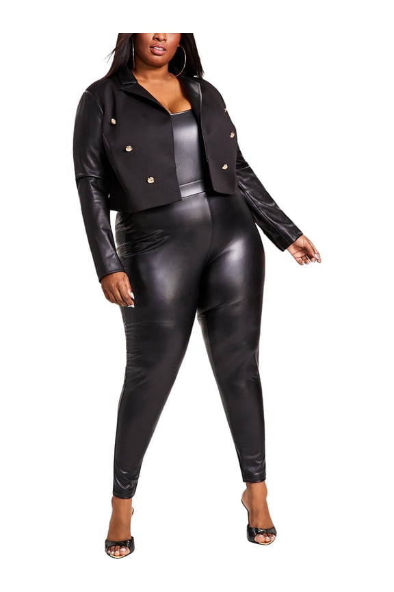 Womens Plus Mixed Media Crop Double-Breasted Blazer