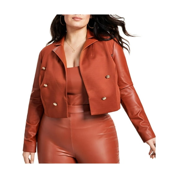 Nina Parker Womens Plus Mixed Media Crop Double-Breasted Blazer