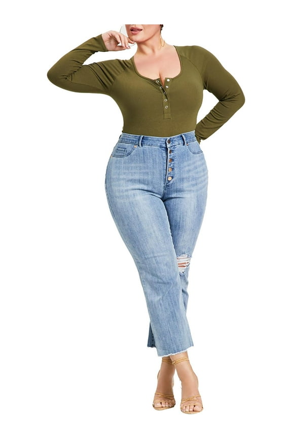 Trendy Plus Size Ribbed Henley Bodysuit Winter Moss 3X