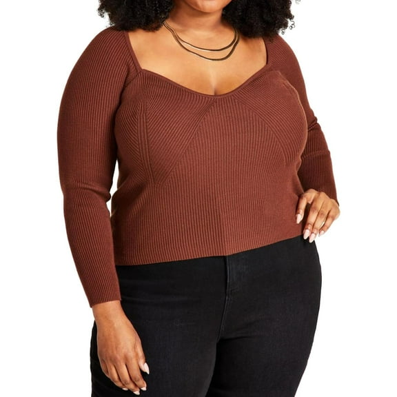 Nina Parker Womens Ribbed Fitted Sweetheart Pullover Sweater, Brown, Plus Size, 0X