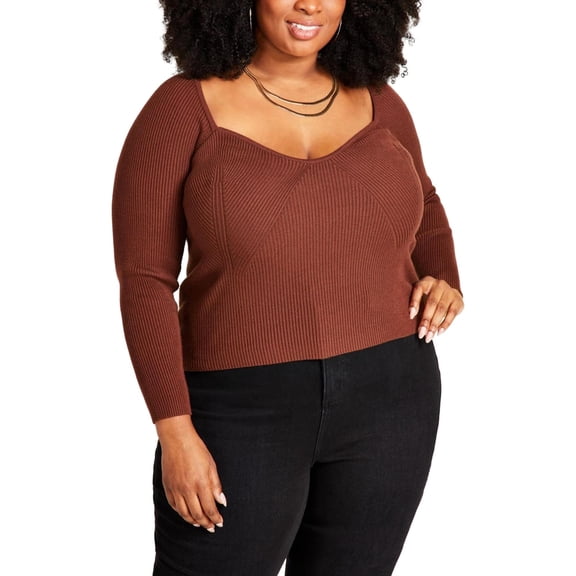Nina Parker Womens Ribbed Fitted Sweetheart Pullover Sweater, Brown, Plus Size, 3X