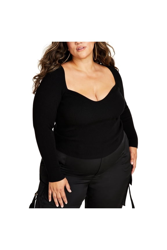 Womens Ribbed Fitted Sweetheart Pullover Sweater, Black, Plus Size, 1X