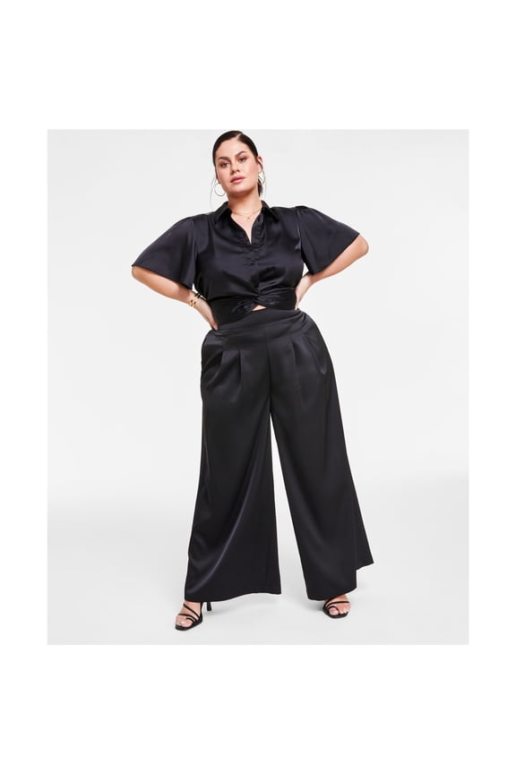 Womens Solid Hi Rise Casual Wide Leg Pants, Black, Plus Size, 2X