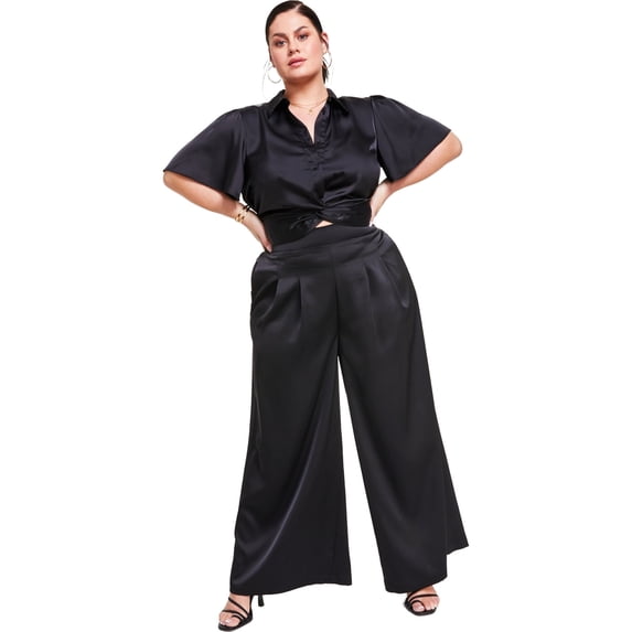 Nina Parker Womens Solid Hi Rise Casual Wide Leg Pants, Black, Plus Size, 2X