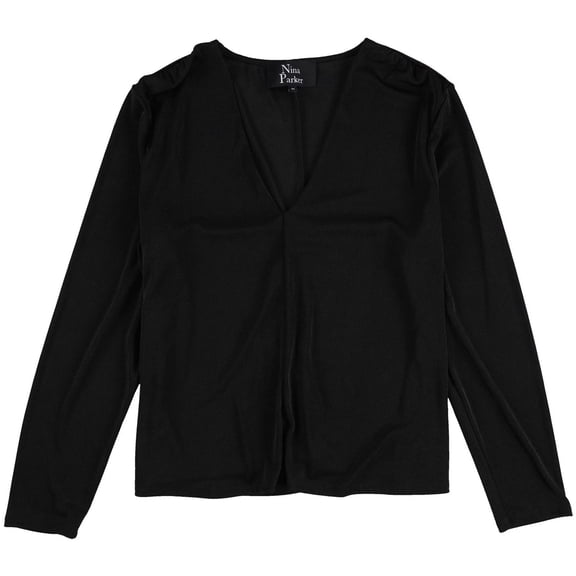 Nina Parker Womens Solid V-Neck Knit Blouse, Black, Plus Size, 3X