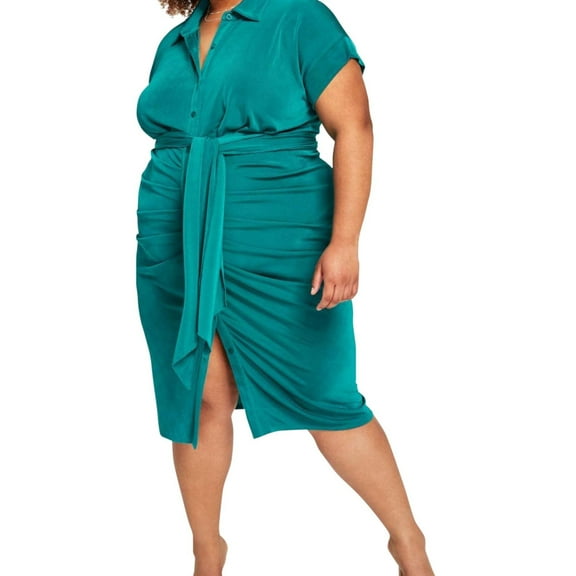 Nina Parker Womens Ruched Tie Front Shirt Dress, Blue, Plus Size, 1X