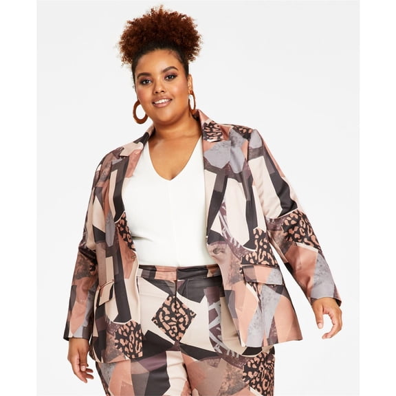Nina Parker Womens Satin Peak Lapel Button Cuff Blazer Jacket, Brown, Plus Size, 4X