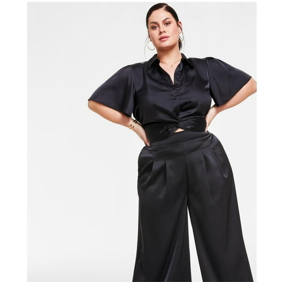 Nina Parker Womens Solid Hi Rise Casual Wide Leg Pants, Black, Plus Size, 0X