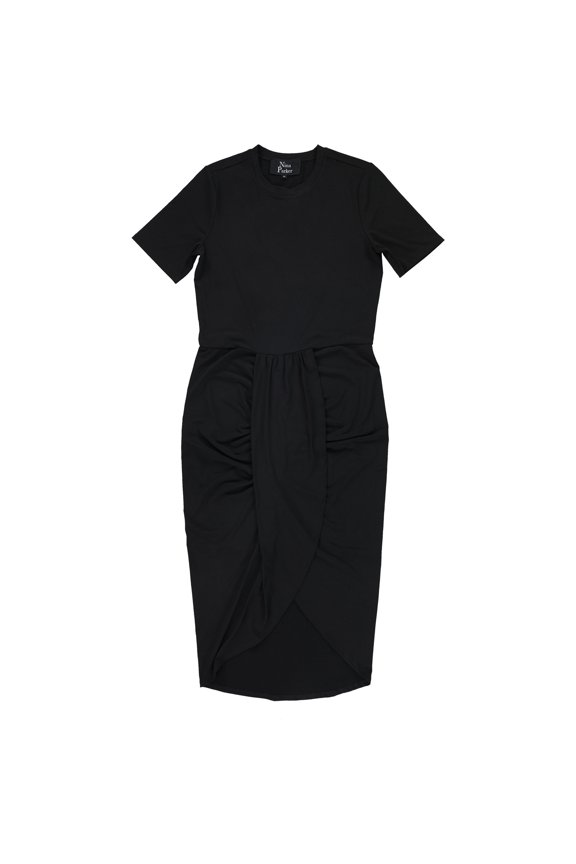 Womens Solid Tulip Hem Midi Dress, Black, Plus Size, 0X