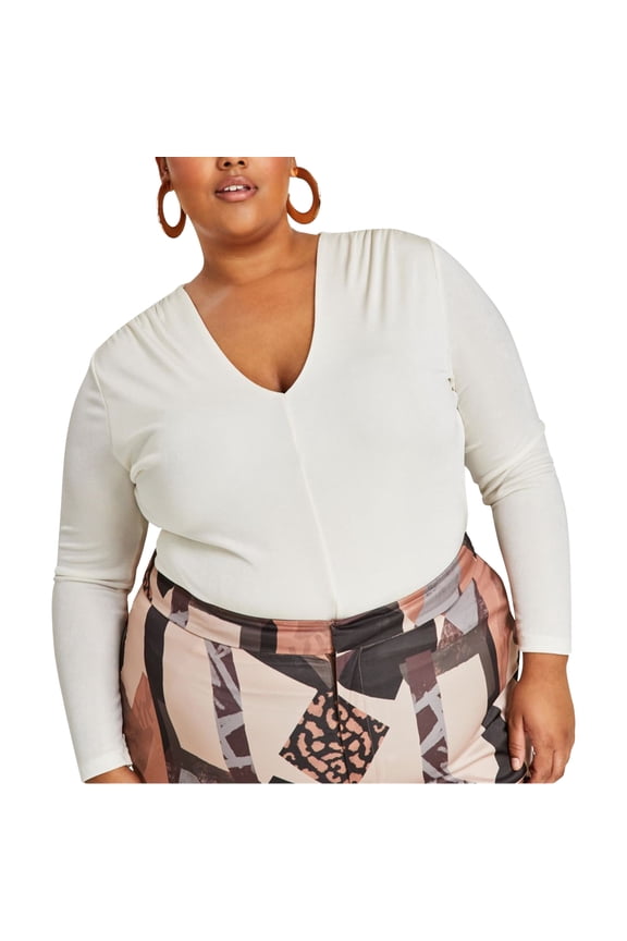 Womens Solid V-Neck Knit Blouse, White, Plus Size, 0X