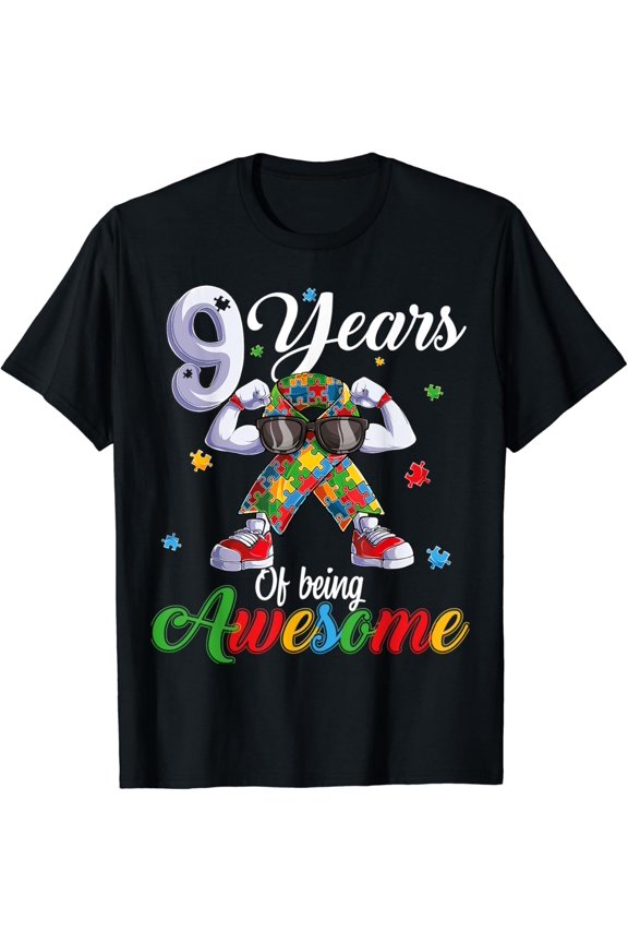 Nine 9 Years Autistic Boy Birthday Autism Puzzle Piece Shirt BLACK Unisex S-5XL