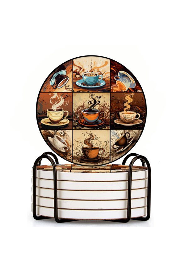 Nine Different Images Of Coffee Cups Set of 6 Ceramic Coasters with Holder, Absorbent Drink Bar Coasters, Table Coasters for Living Room Decor Tabletop Protection