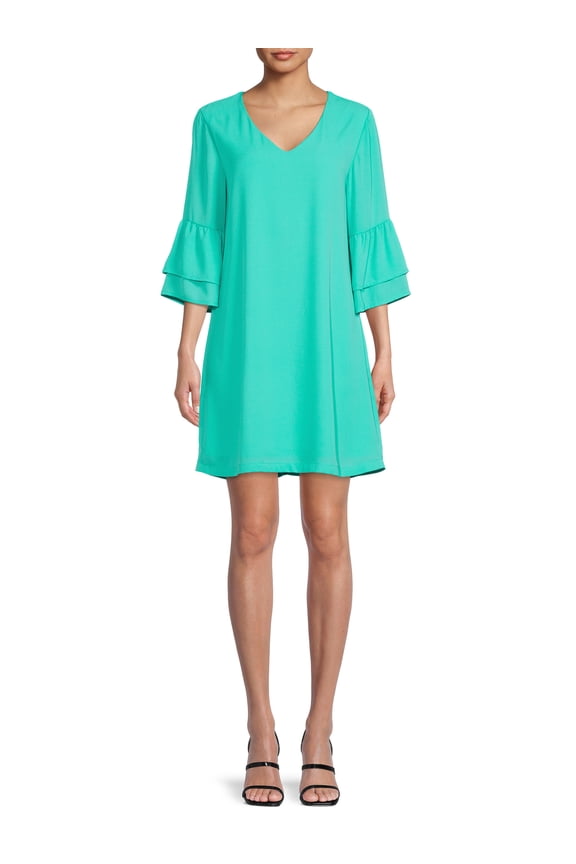 Women V-Neck Flounce Sleeve Above Knee Shift Dress