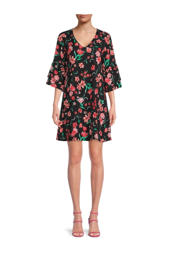 Women V-Neck Flounce Sleeve Above Knee Shift Dress