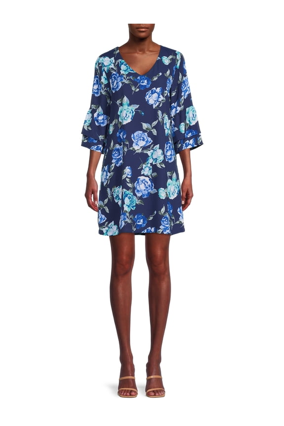 Women V-Neck Flounce Sleeve Above Knee Shift Dress