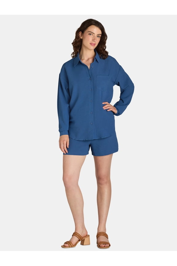 Women's Long Sleeve Shirt and Pull On Shorts Set, 2-Piece, Sizes XS-XXXL