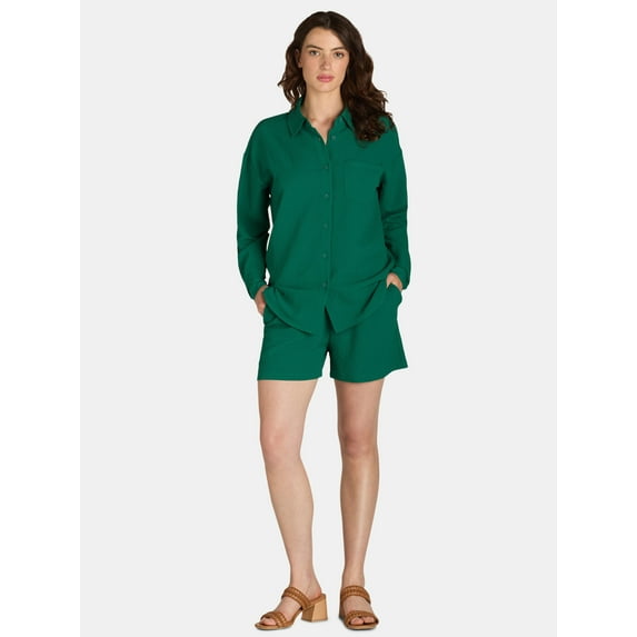 Nine.Eight Women's Long Sleeve Shirt and Pull On Shorts Set, 2-Piece, Sizes XS-XXXL