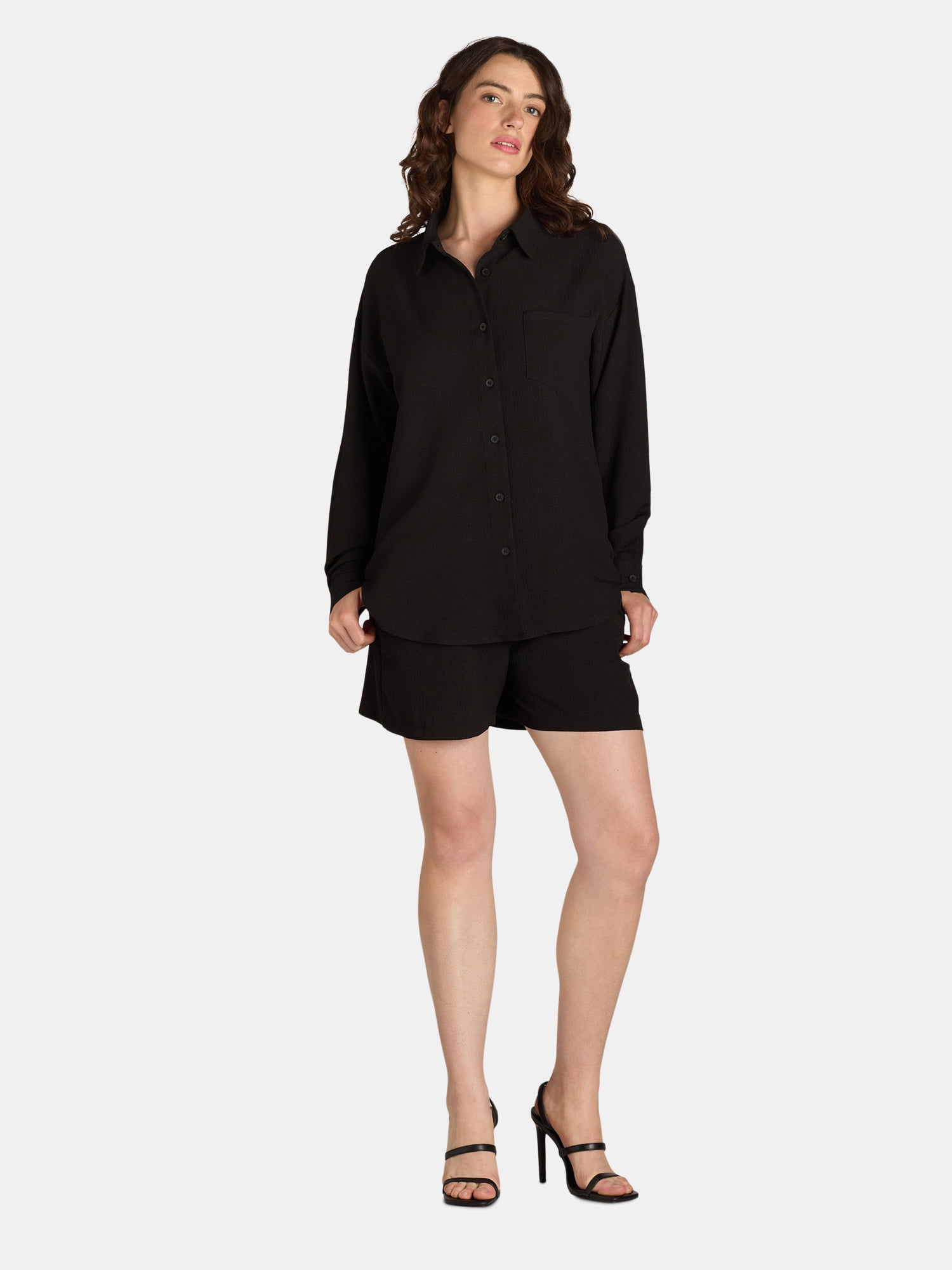 Nine.Eight Women's Long Sleeve Shirt and Pull On Shorts Set, 2-Piece, Sizes XS-XXXL