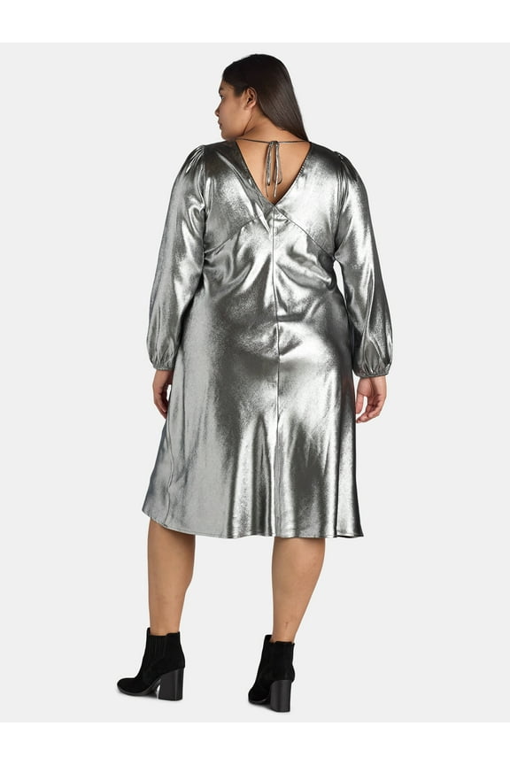 Women’s and Women's Plus V-Neck Satin Midi Dress with Long Sleeves, Sizes XS-4X