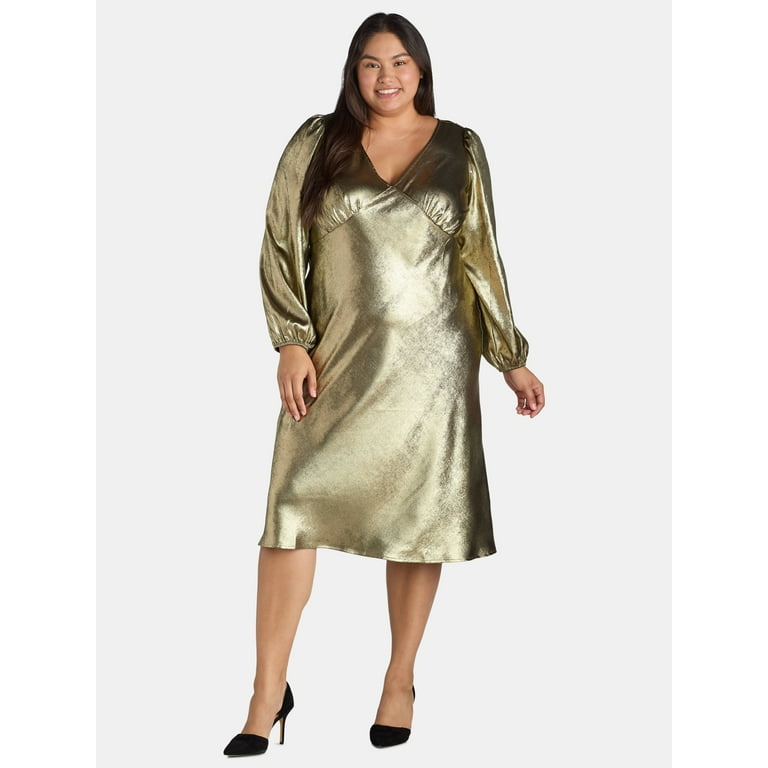 Women's Plus V-Neck Satin Midi Dress with Long Sleeves