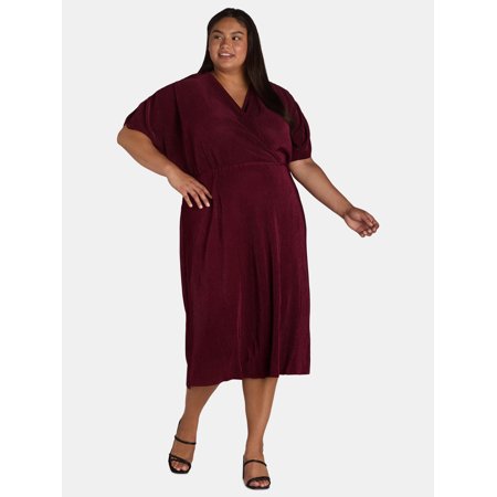 Nine.Eight Women’s and Women's Plus Faux Wrap Plisse Midi Dress, Sizes XS-4X