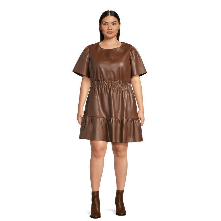 Faux Leather Sleeve Detail Mini Dress In Brown