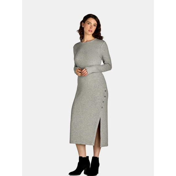 Nine.Eight Women's Ribbed Knit Midi Dress with Long Sleeves, Sizes XS-XXXL