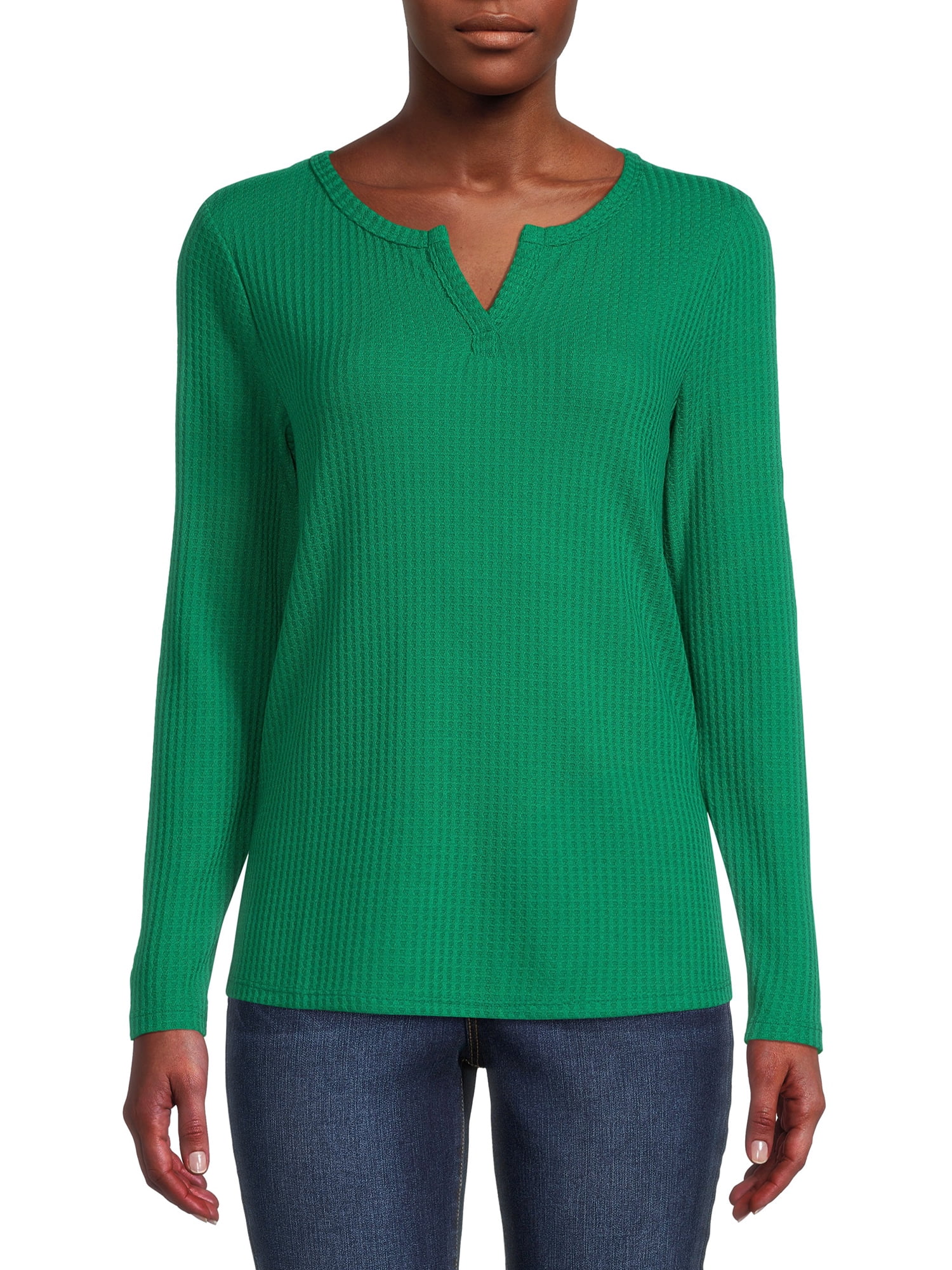Nine.Eight Women's Waffle Knit Henley with Long Sleeves