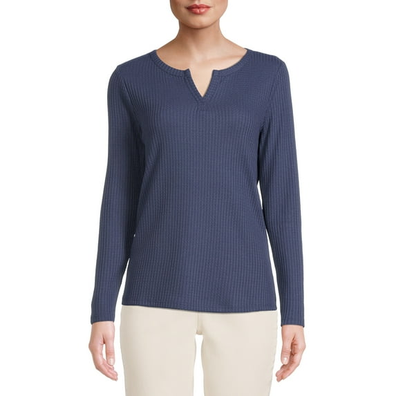 Nine.Eight Women's Waffle Knit Henley with Long Sleeves