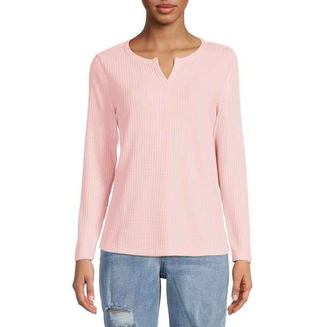 Nine.Eight Women's Waffle Knit Henley with Long Sleeves