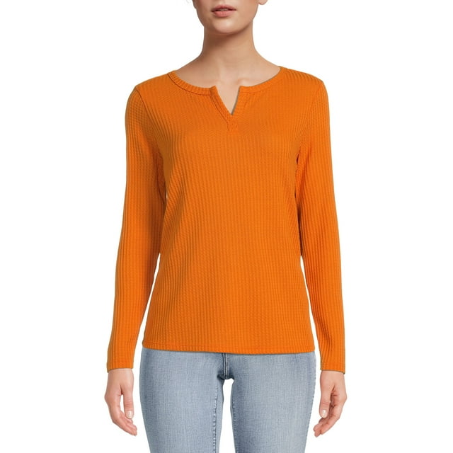 Nine.Eight Women's Waffle Knit Henley with Long Sleeves