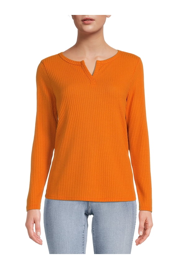 Women's Waffle Knit Henley with Long Sleeves