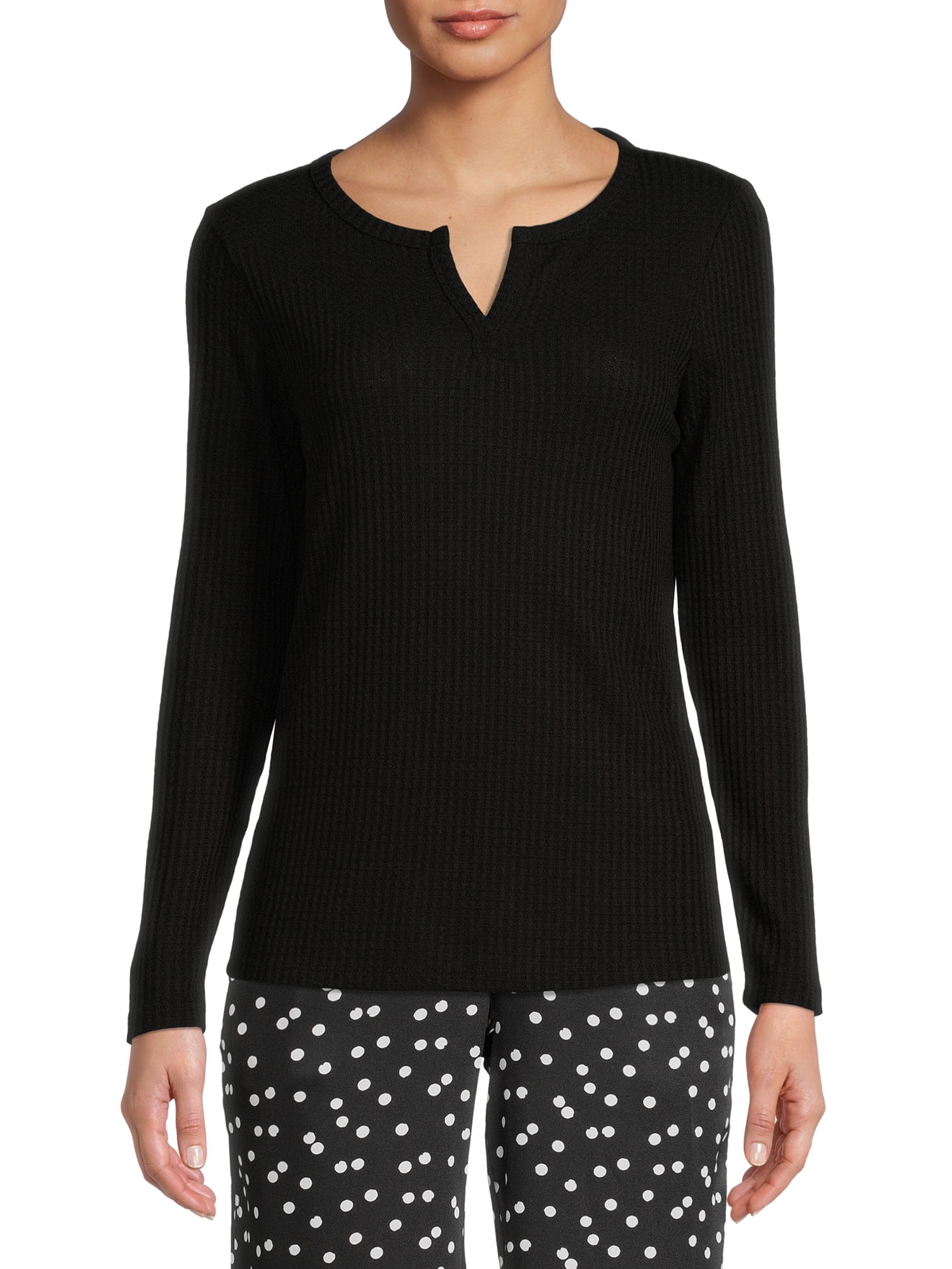 Nine.Eight Women's Waffle Knit Henley with Long Sleeves