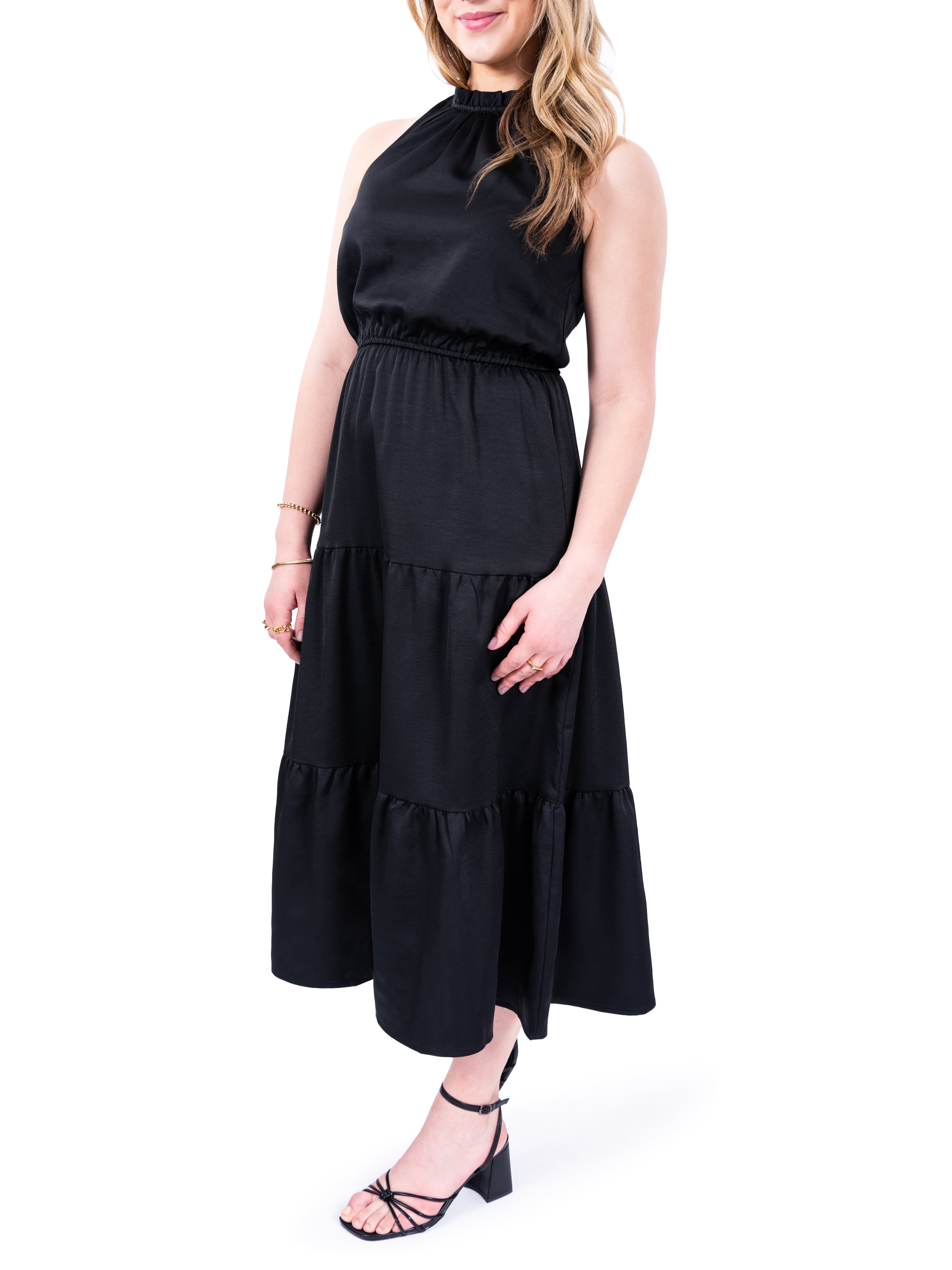 slim fit dress slacks Florence Halter Black Satin Bridesmaid Midi Dress