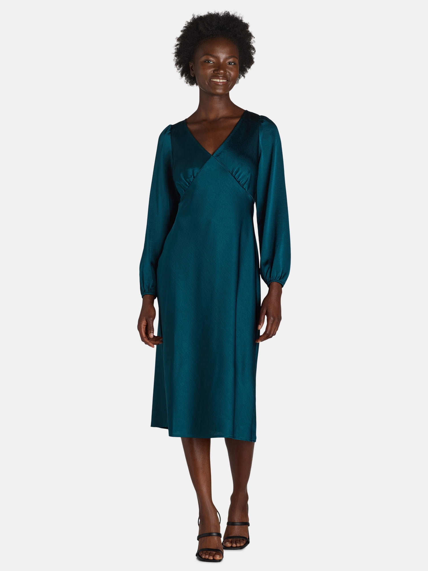 Women's and Women's Plus V-Neck Satin Midi Dress with