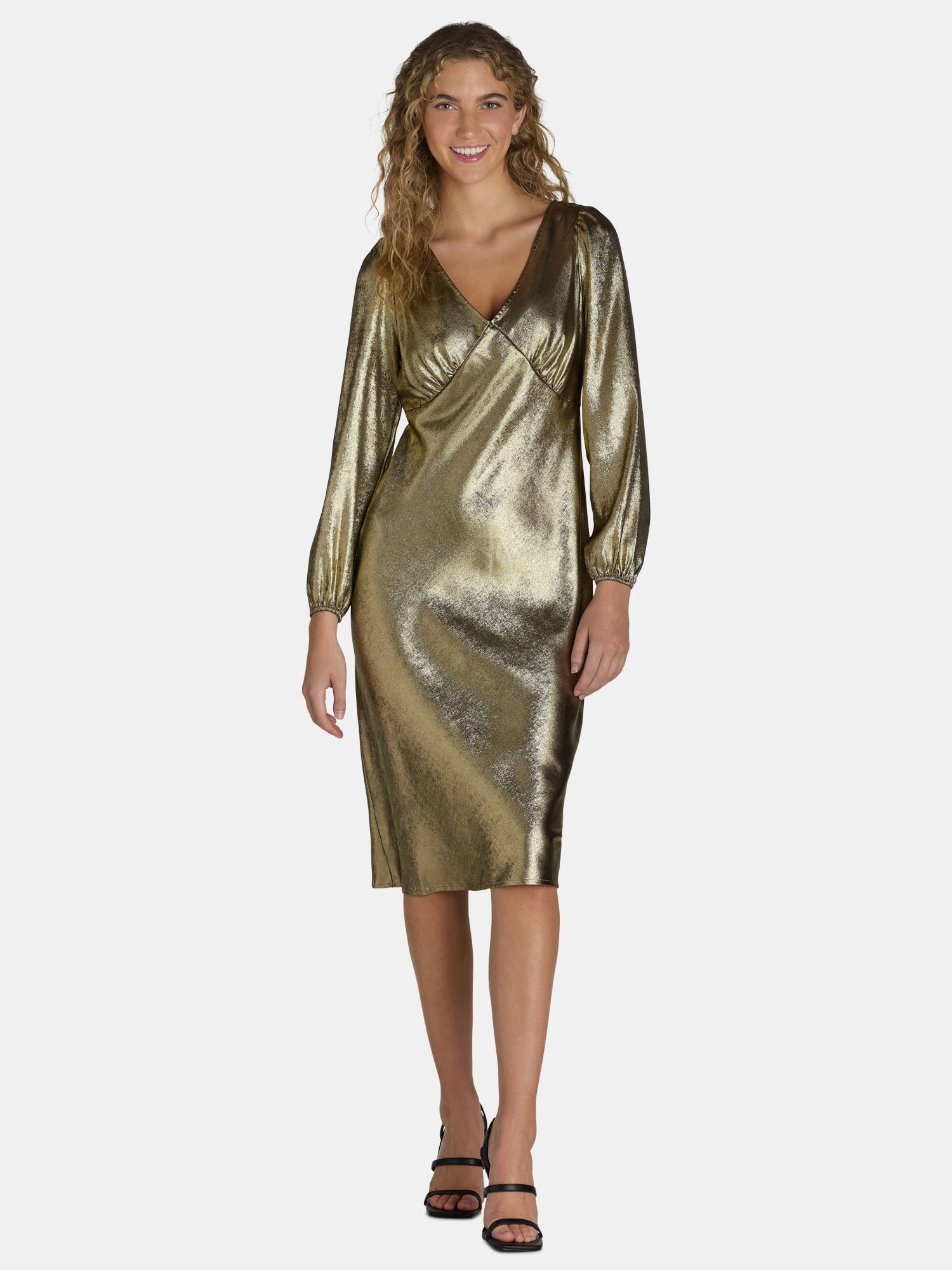 knee length dresses for ladies Neomie Metallic Midi Dress in Gold