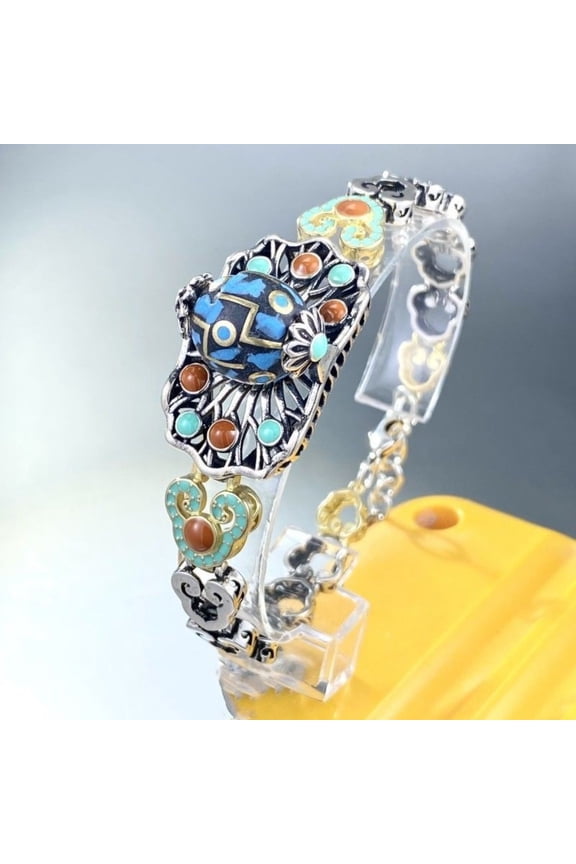 Nine Eye Dzi Bead Bracelet Couple Vintage Ethnic Chinese Style Adjustable Metal Accent Handmade Jewelry for Men and Women