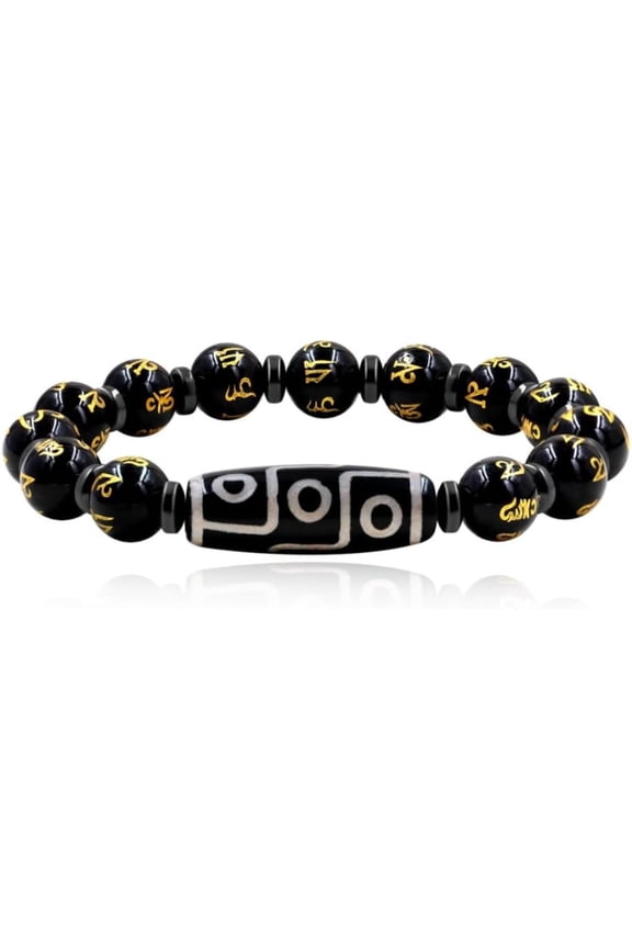 Nine Eyes Dzi Bead Bracelet with Tibetan Mantra Beads, Elastic Buddhist Beaded Bracelet for Men & Women, Green Red Brown Stone Stretch Bracelet for Meditation and Daily Wear