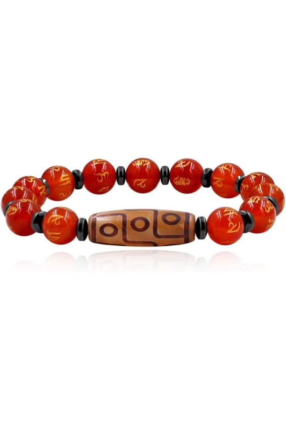 Nine Eyes Dzi Bead Bracelet with Tibetan Mantra Beads, Elastic Buddhist Beaded Bracelet for Men & Women, Green Red Brown Stone Stretch Bracelet for Meditation and Daily Wear