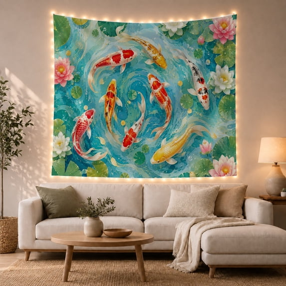 Nine Koi Fish in Swirling Lotus Pond Water, Dreamy Japanese Inspired for Nature Lovers, Aquatic Pond Wall Art, Housewarming Gift, Tapestry Wall Hanging for Living Room and Bedroom