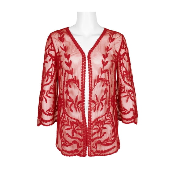 Nine Leonard V-Neck Open Front 3/4 Sleeve Floral Embroidered Mesh Cardigan by Curated Brands