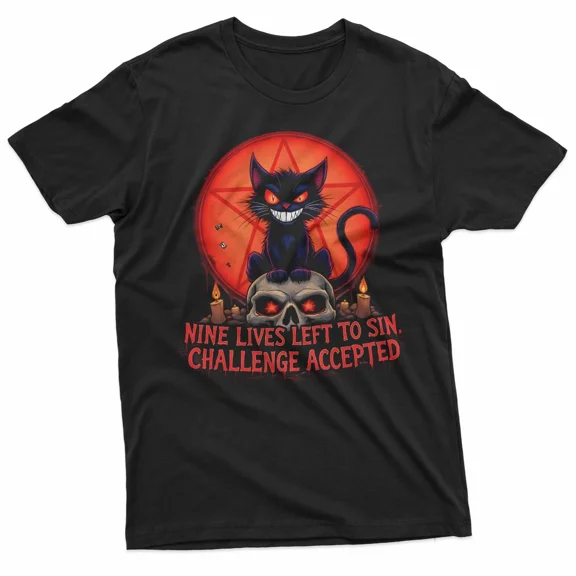Nine Lives Left To Sin Funny Evil Cat Gothic Design T-Shirt