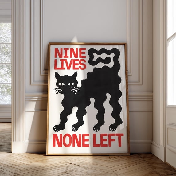 Nine Lives None Left Cat Poster, Black Retro Vintage Style, Quirky ...