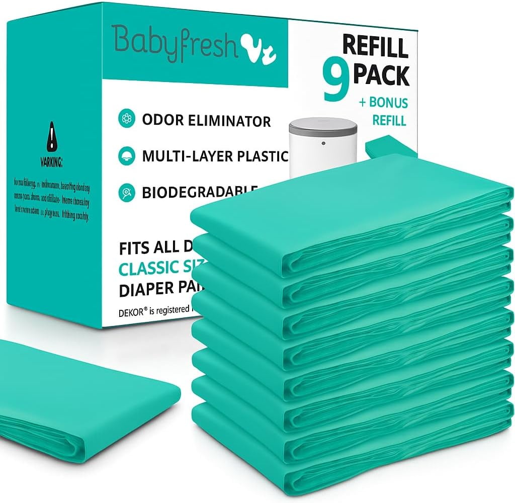 Nine-Pack Diaper Pail Refill Bags Holds 5000 Diaper – Extra-Thick Multi-Layer with Scent to Control Odors - Compatible with Traditional-Sized Diaper Pails - Durable Diaper Pail Liner Refill