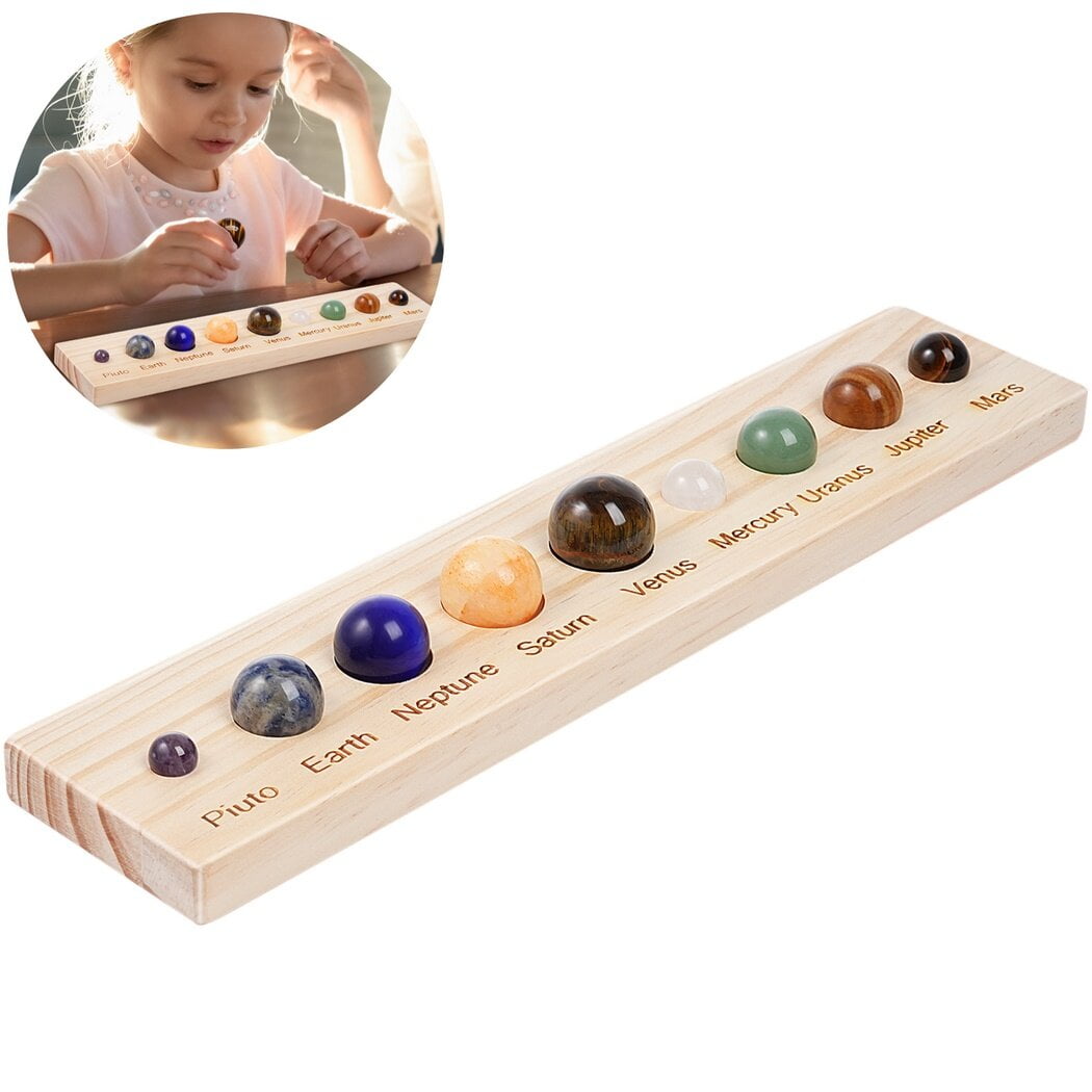 Nine Planets Gemstone Solar System Model with Wood Base