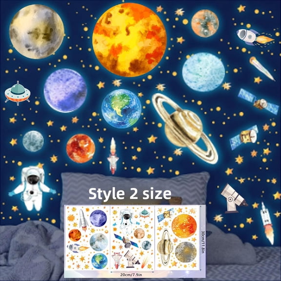Nine Planets Solar System Glow Wall Stickers - Kids Bedroom Decor,Blue