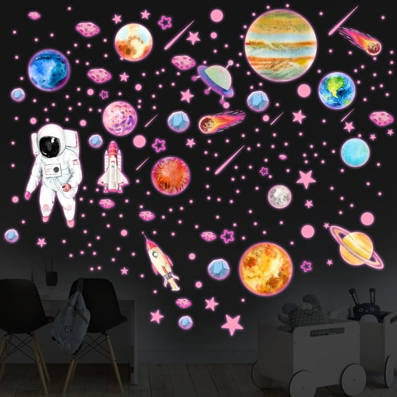 Nine Planets Solar System Glow Wall Stickers - Kids Bedroom Decor,Pink